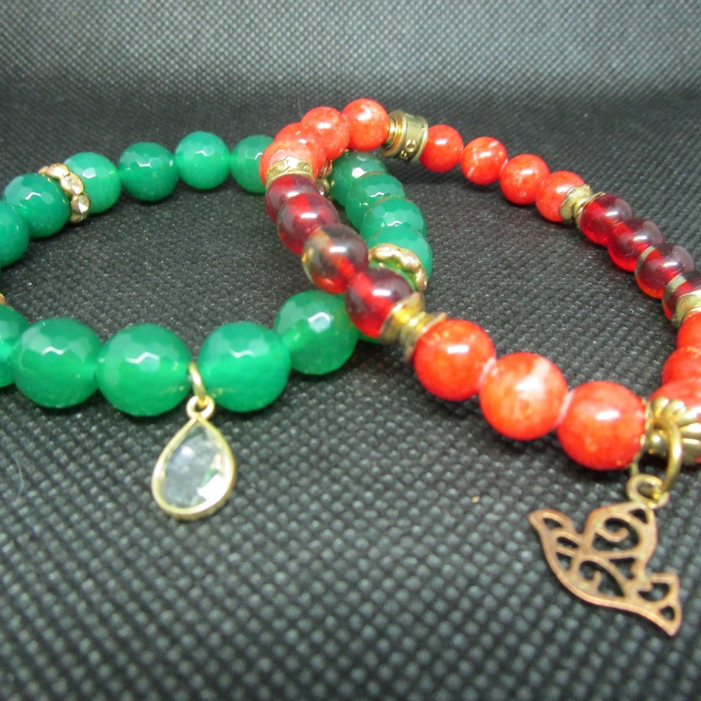 Set of Red and Green Beaded Bracelets